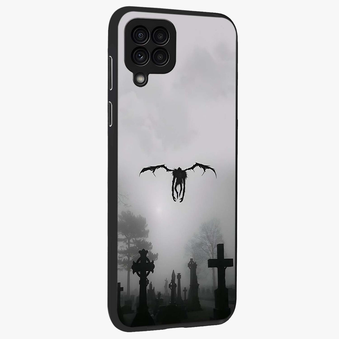 Graveyard Shadow Descent Glass Case upright view showcasing haunting graveyard artwork with dramatic dark theme.