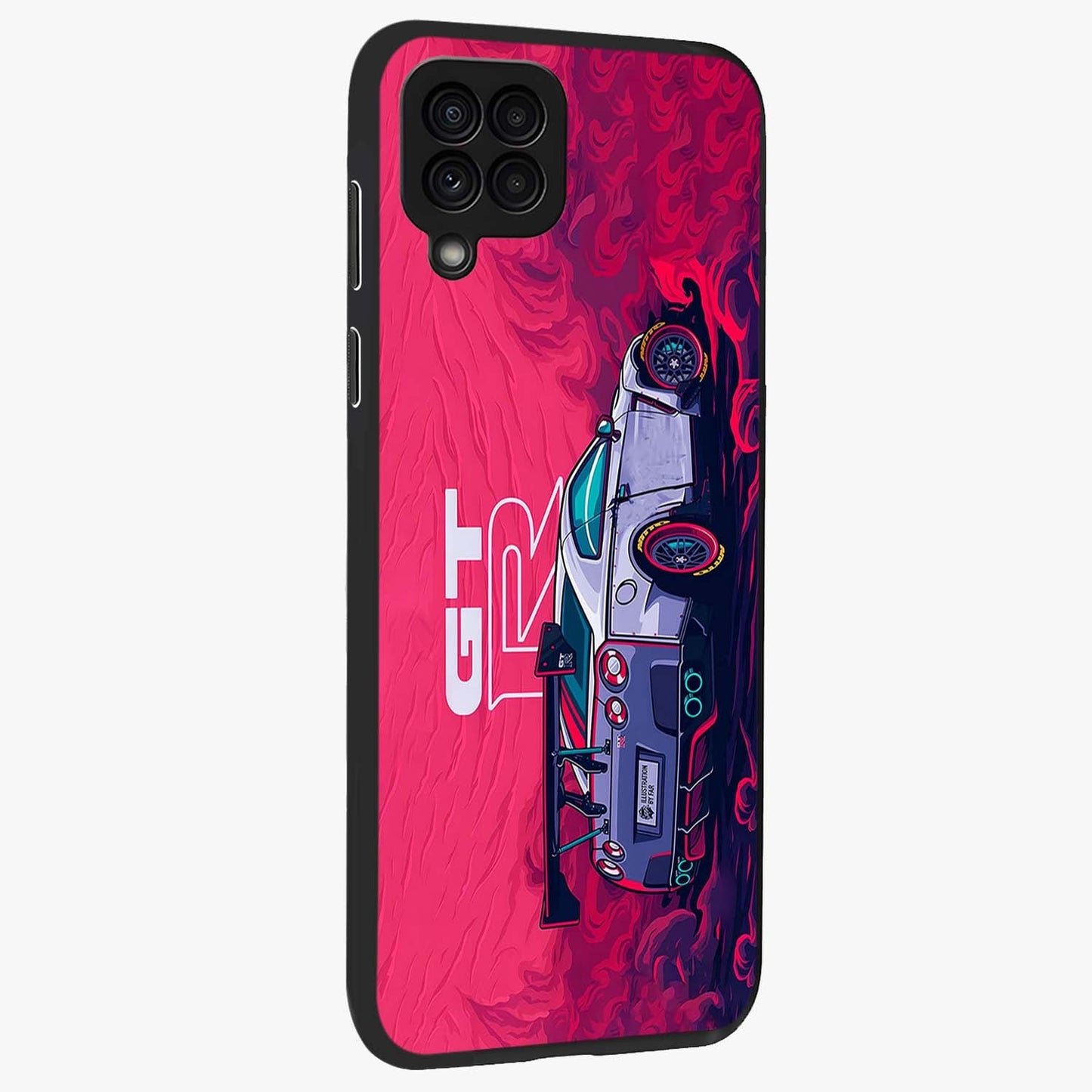 GT-R Car Pattern Glass Case upright view showcasing dynamic car pattern artwork with modern sports theme.