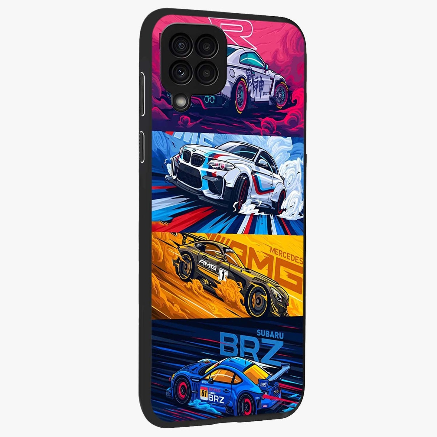 JDM Sports Car Glass Case upright view showcasing dynamic sports car artwork with bold racing theme.