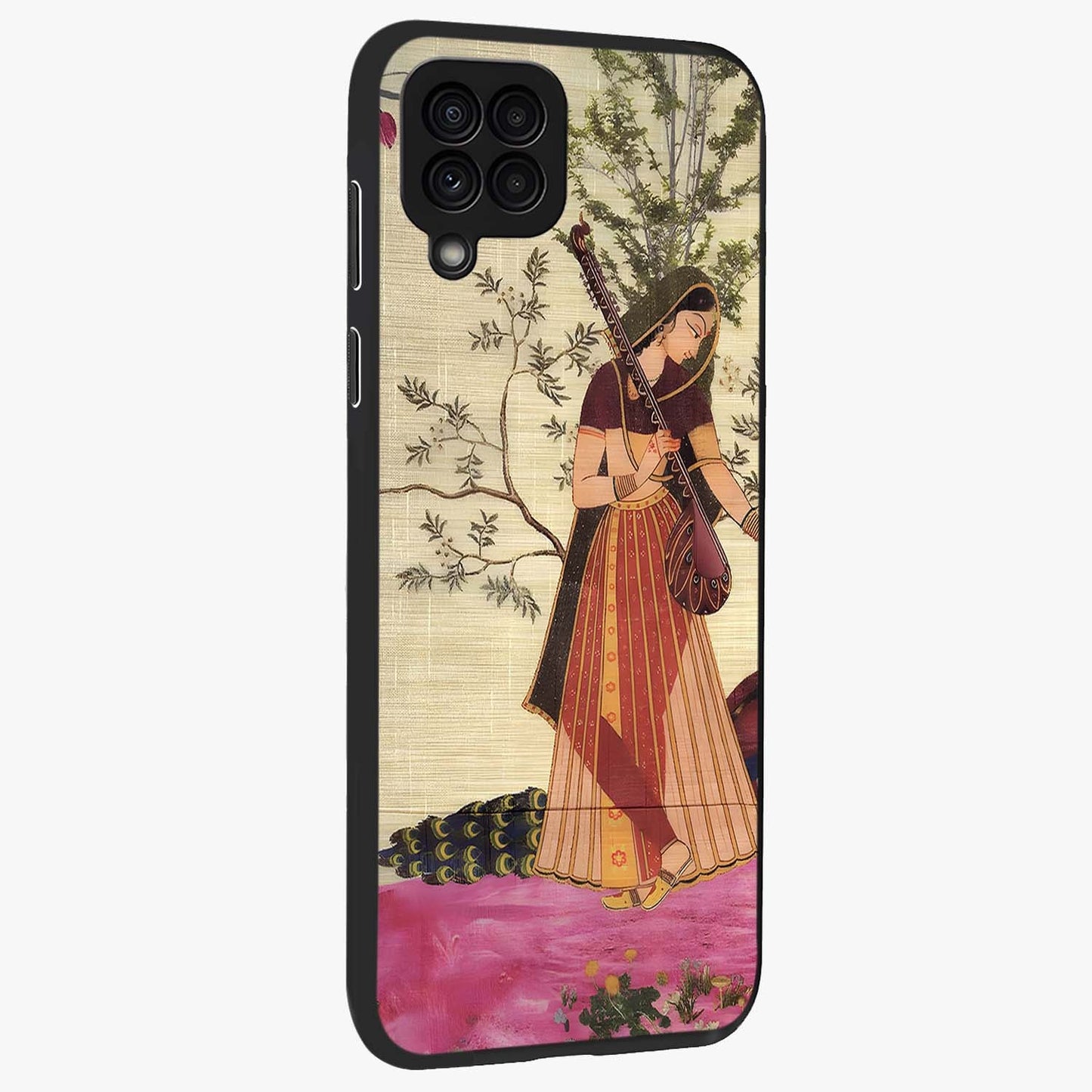 Lady With Veena Art Glass Case upright view showcasing classical veena artwork with traditional artistic theme.