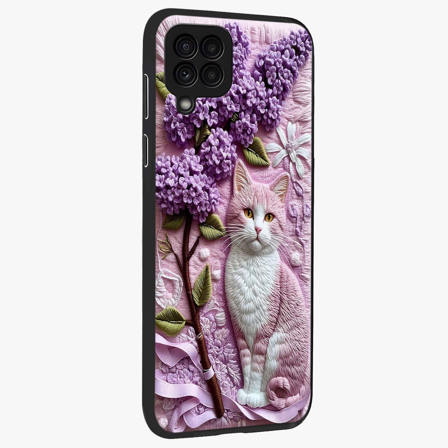 Lavender Cat Whimsy Glass Case upright view showcasing charming cat artwork with whimsical lavender theme.