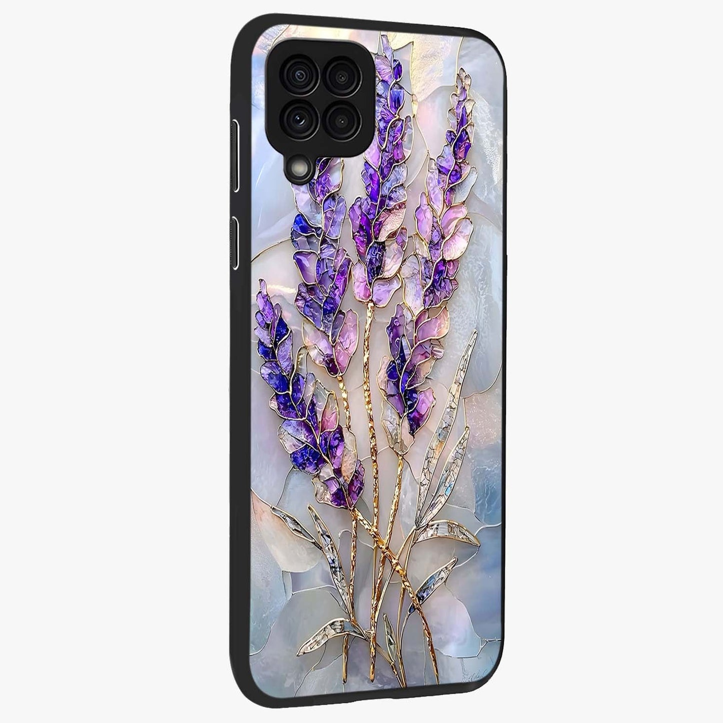 Lavender Dream Glow Glass Case upright view showcasing radiant lavender glow artwork with calming dreamy theme.
