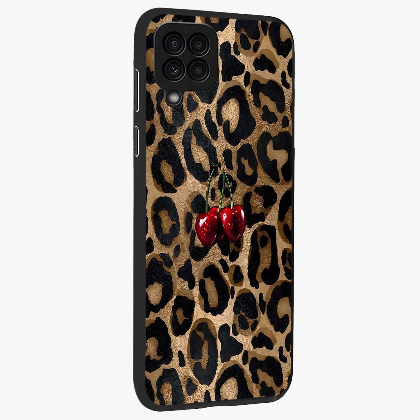 Leopard Wild Cherry Glass Case upright view showcasing stylish leopard pattern artwork with trendy fashion theme.