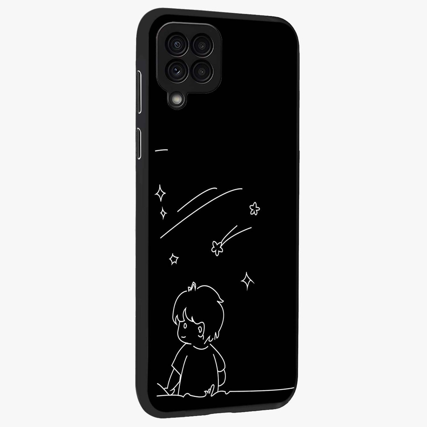Line Art Boy With Shooting Stars Glass Case upright view showcasing artistic shooting star illustration with minimal style.