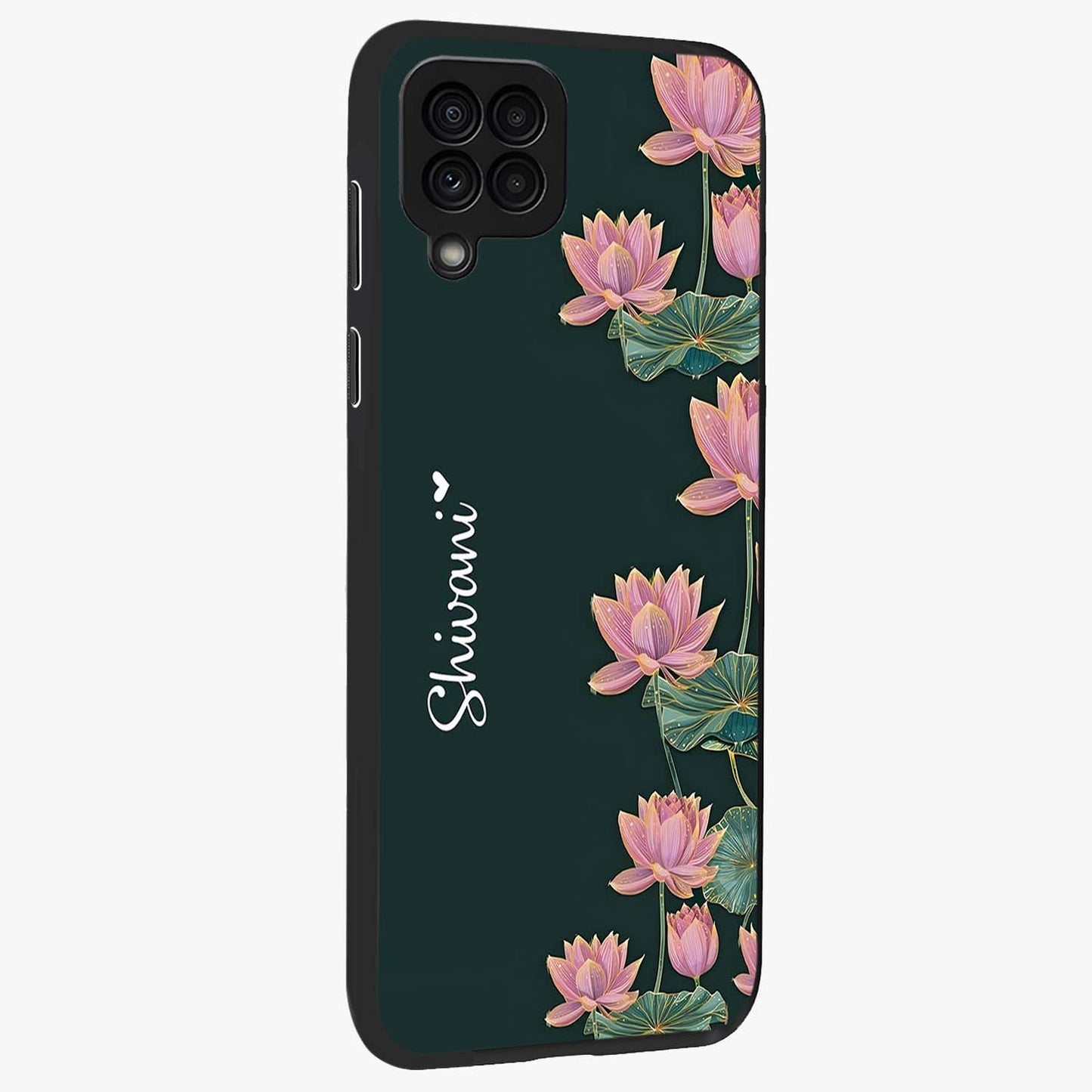 Lotus Bloom Serenity Custom Name Glass Case upright view showcasing serene lotus bloom artwork with personalized floral aesthetic.