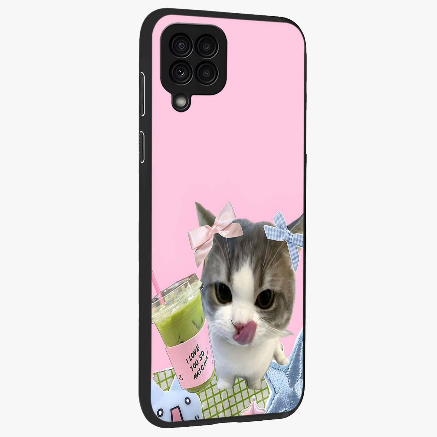 Love Matcha Cat Glass Case upright view showcasing adorable cat artwork with charming matcha themed design.