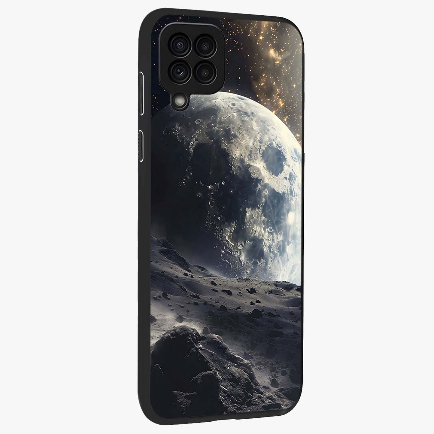 Lunar Horizon Glow Glass Case upright view showcasing radiant lunar artwork with calm cosmic theme.