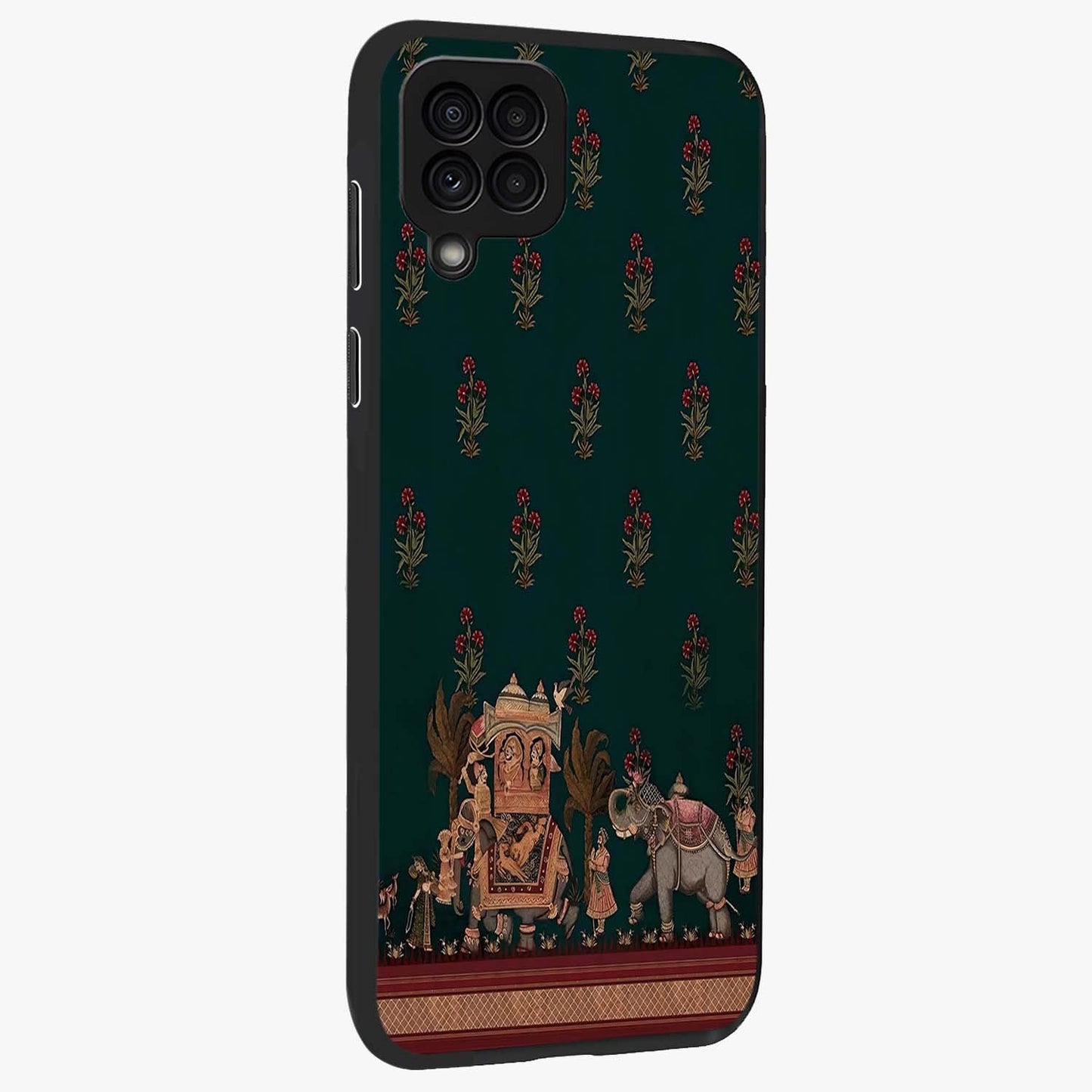 Macmerise Glass Case upright view showcasing bold artistic artwork with contemporary design theme.