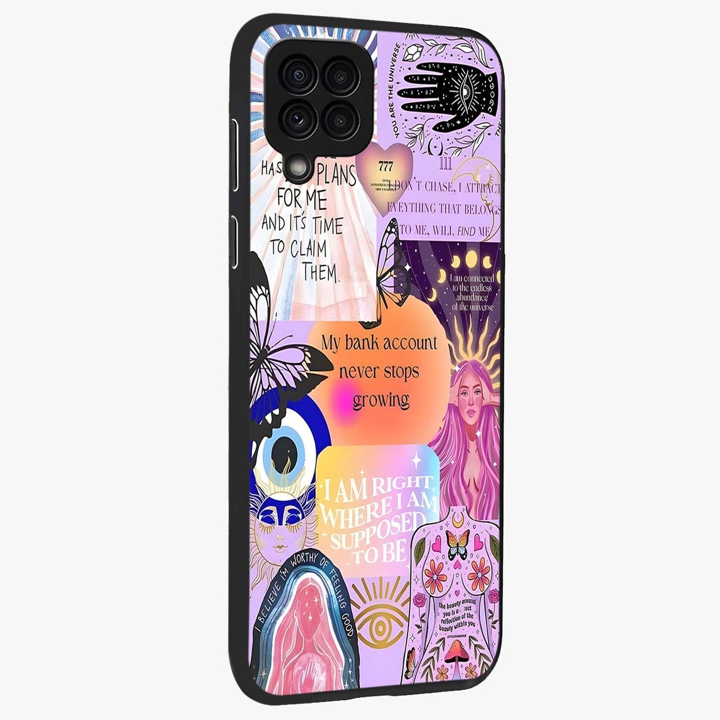 Manifestation Collage Glass Case upright view showcasing artistic manifestation themed artwork with creative style.