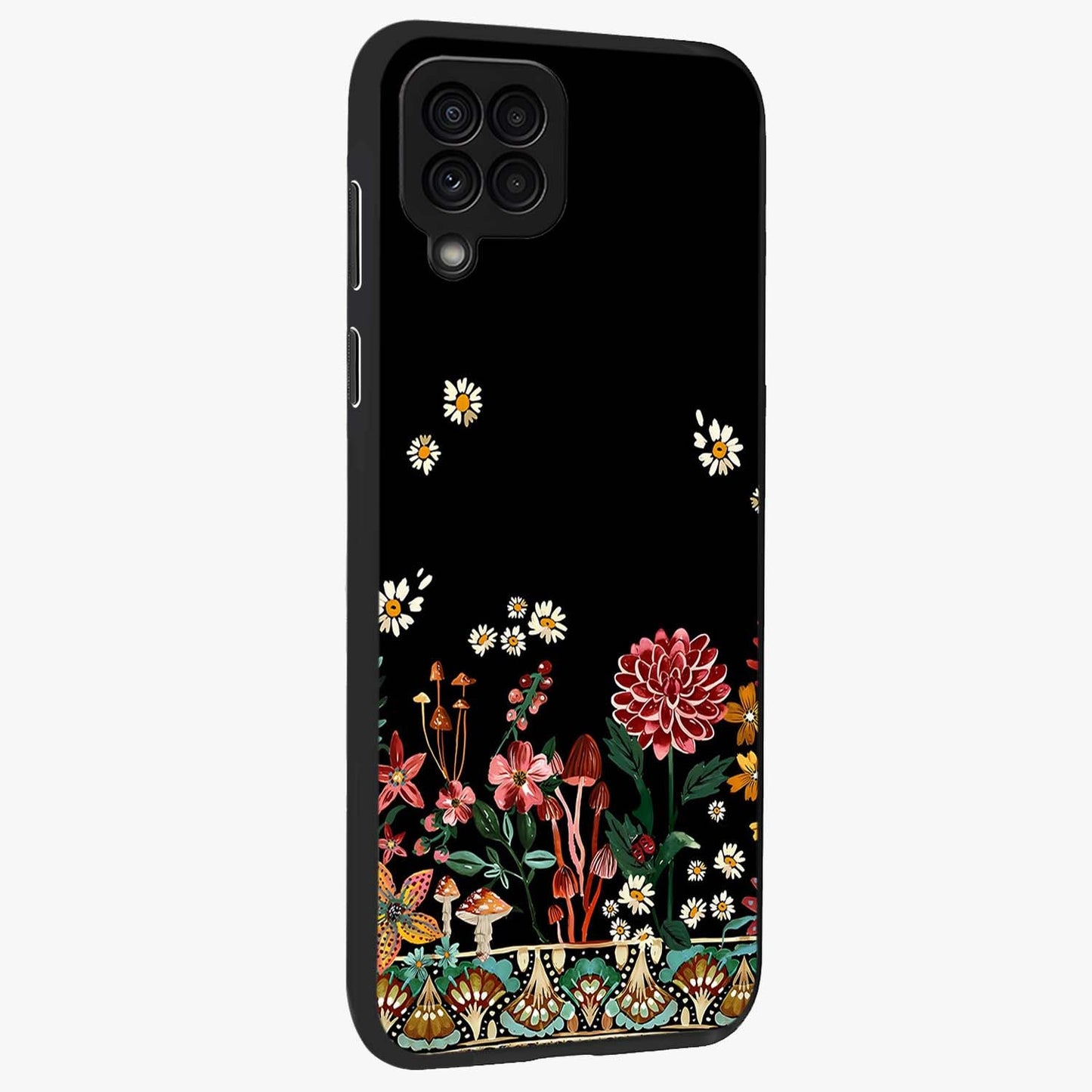 Midnight Bloom Pattern Glass Case upright view showcasing decorative floral artwork with deep night themed palette.
