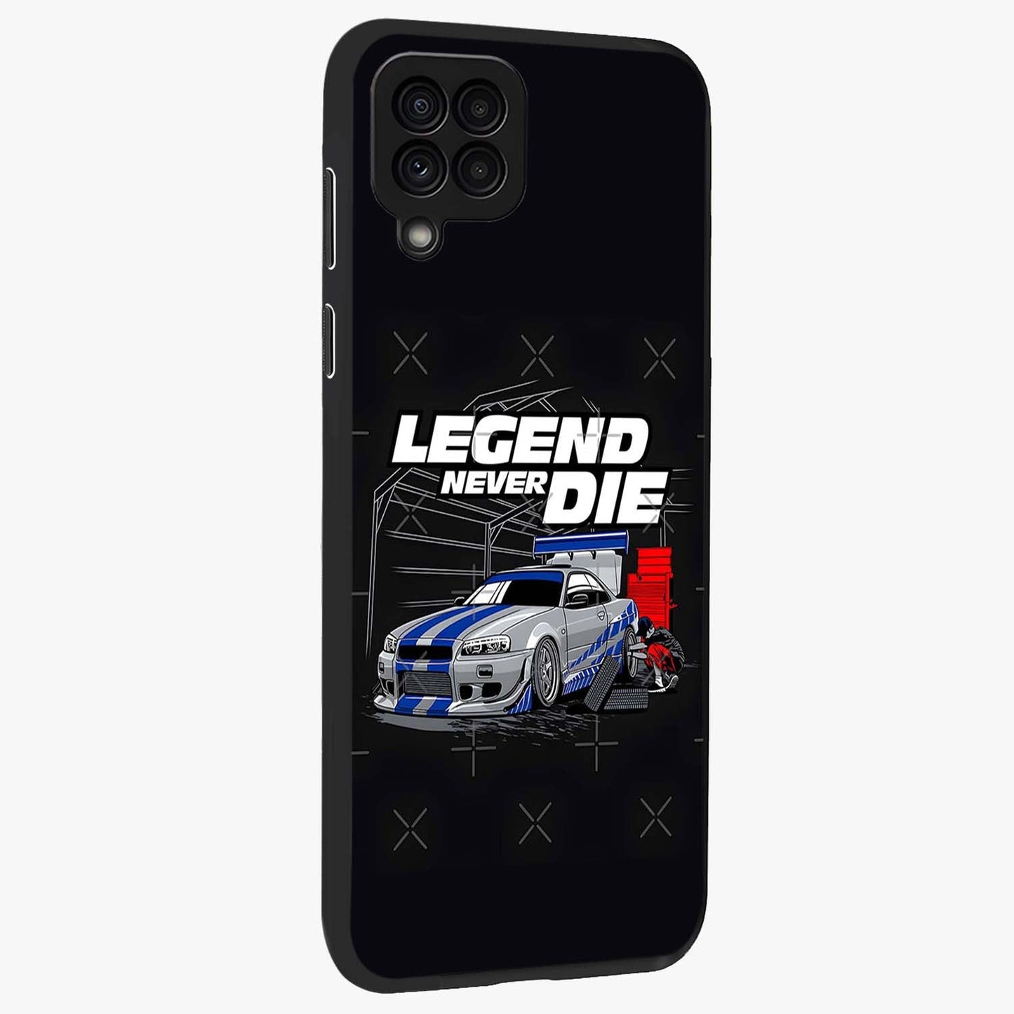 Midnight Racing Legacy Glass Case upright view showcasing powerful racing artwork with modern sports theme.