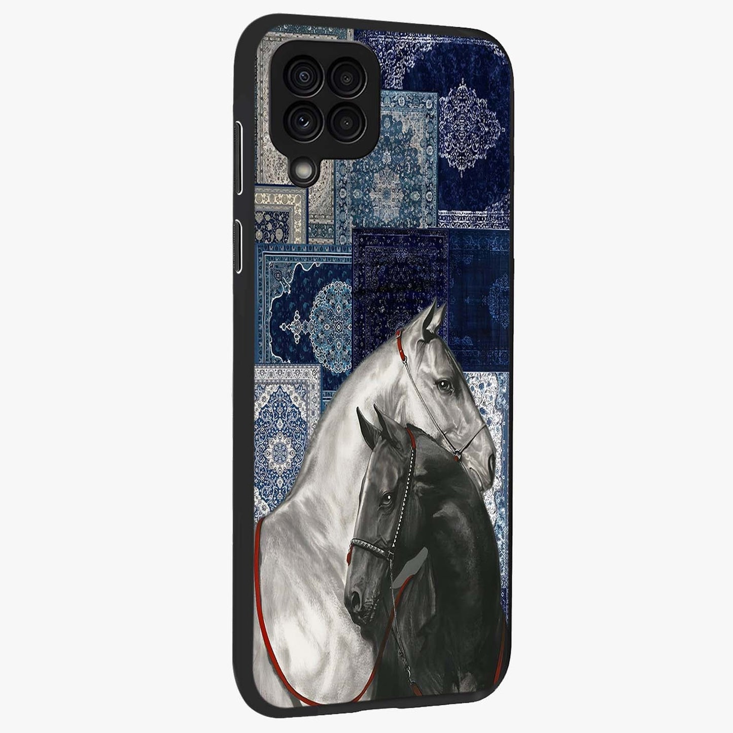 Midnight Stallion Blues Glass Case upright view showcasing dramatic horse artwork with bold artistic theme.