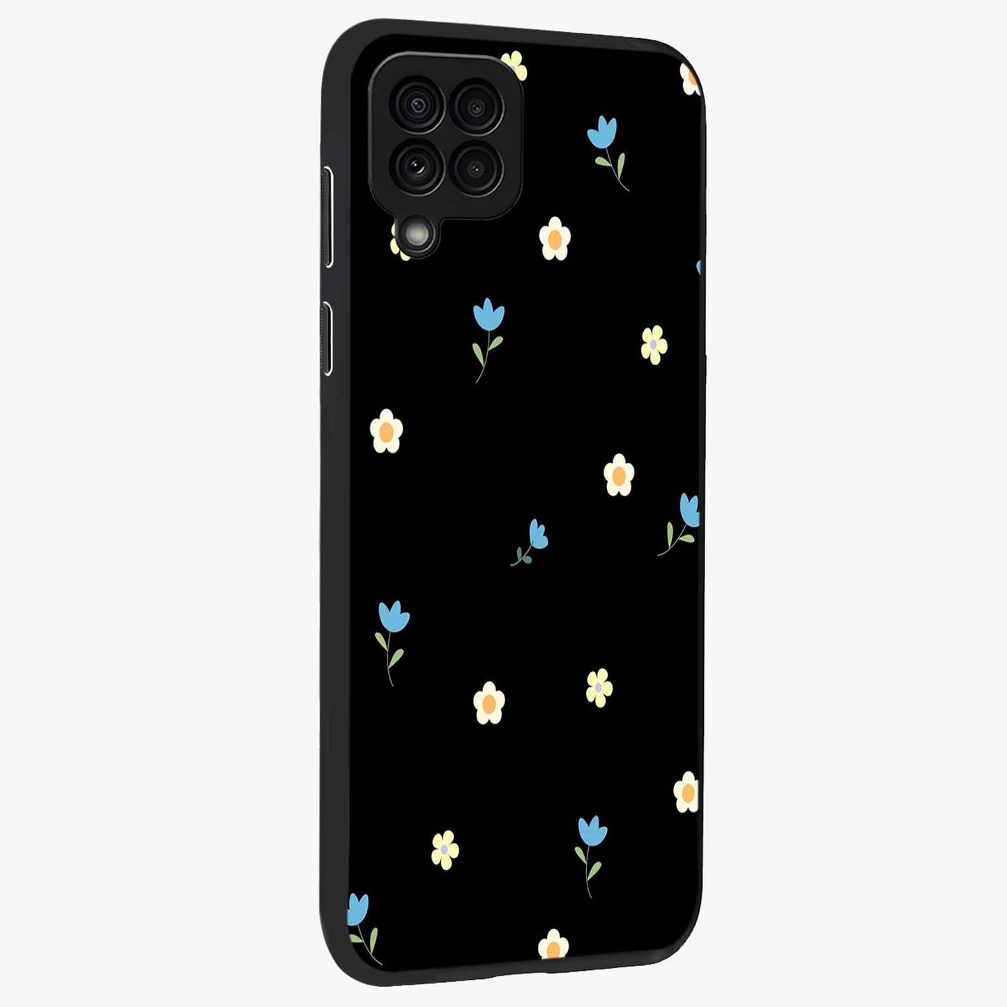 Minimal Petal Whispers Glass Case upright view showcasing elegant floral artwork with modern minimalist style.