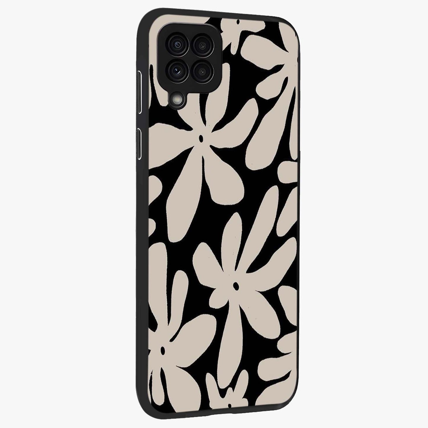 Monochrome Petal Dance Glass Case upright view showcasing artistic floral pattern with stylish monochrome theme.