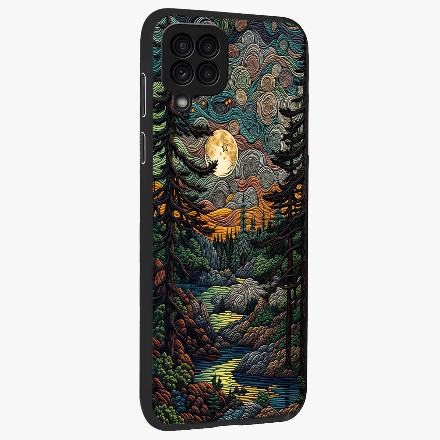 Moonlight Forest Dream Glass Case upright view showcasing magical forest artwork with calm night theme.