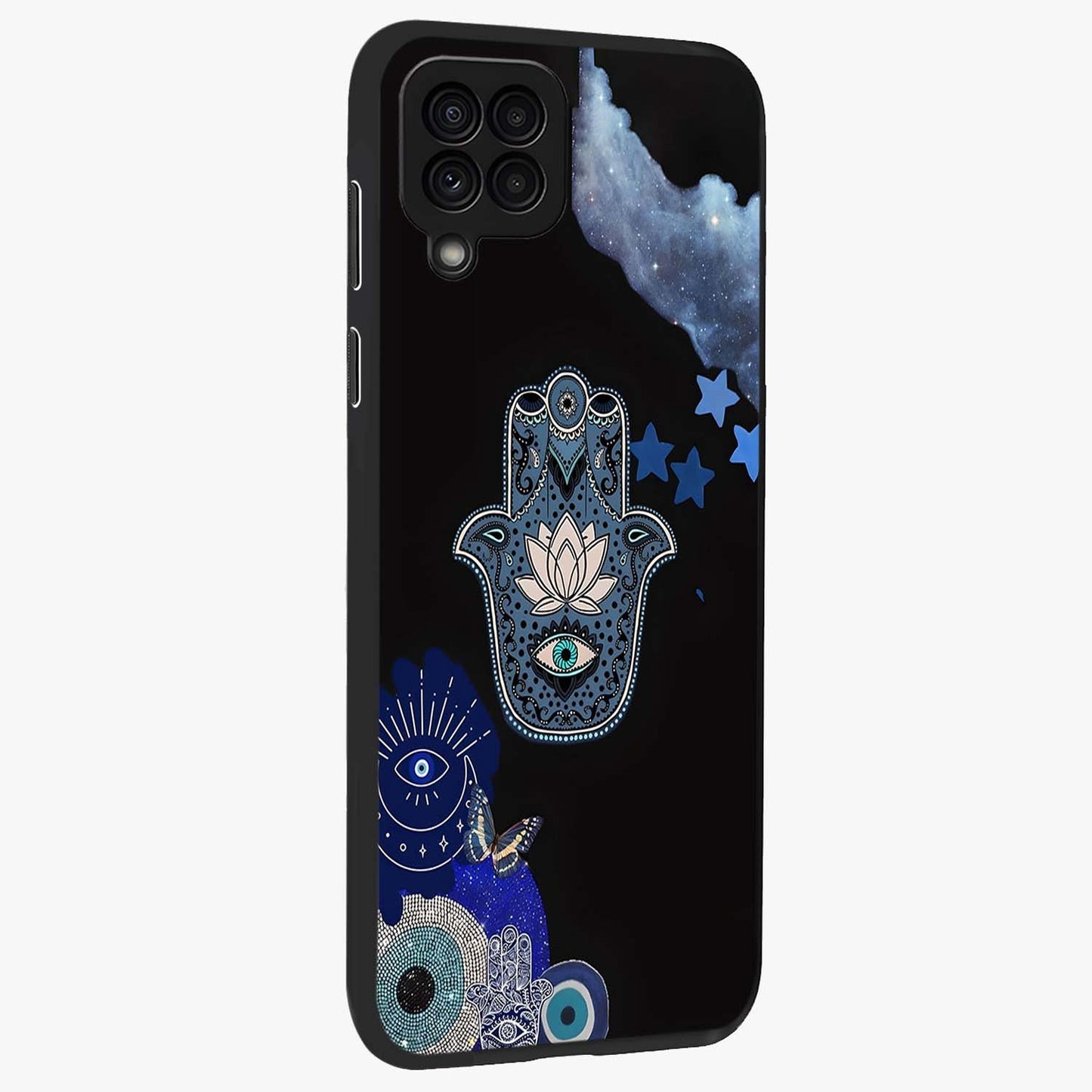 Mystic Hand Aura Glass Case upright view showcasing symbolic hand artwork with mystical energy theme.