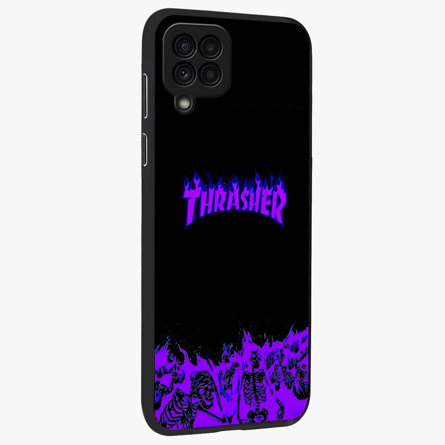 Neon Flame Riot Glass Case upright view showcasing dynamic flame artwork with energetic neon theme.