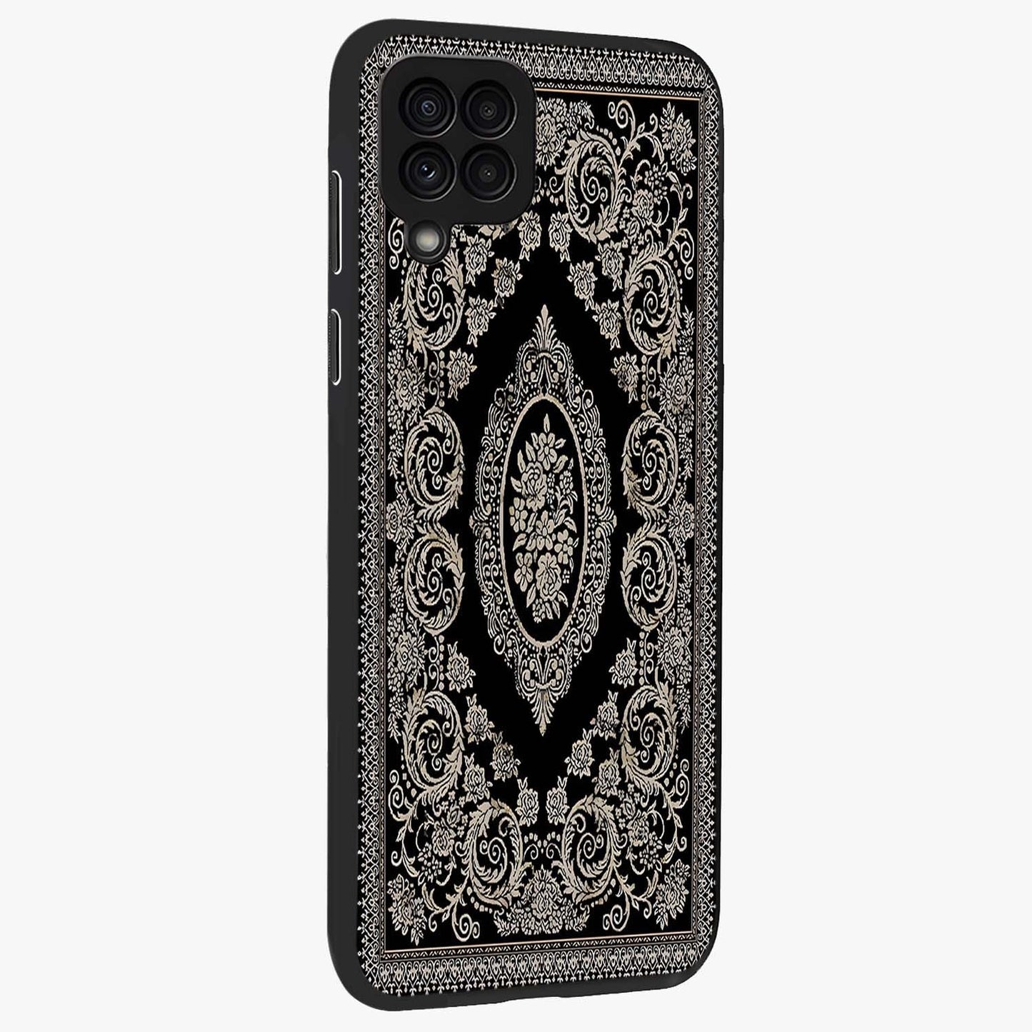 Noir Bloom Elegance Glass Case upright view showcasing graceful floral artwork with luxurious dark theme.