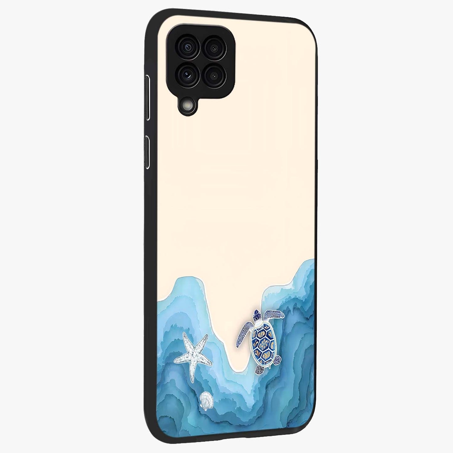 Ocean Drift Turtle Glass Case upright view showcasing calm underwater turtle artwork with nature inspired theme.