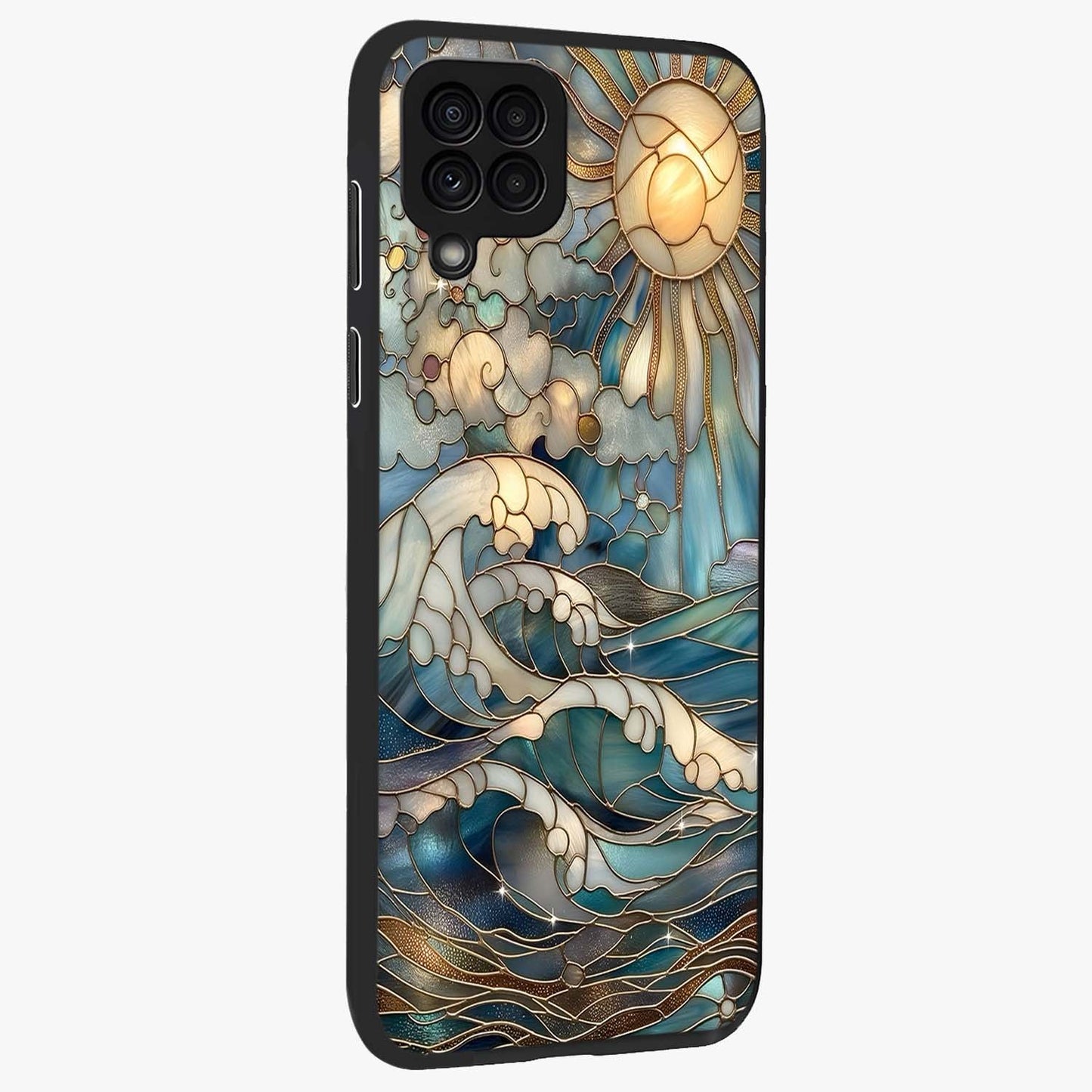 Oceanic Stained Printed Glass Case upright view showcasing decorative ocean pattern artwork with vibrant marine theme.