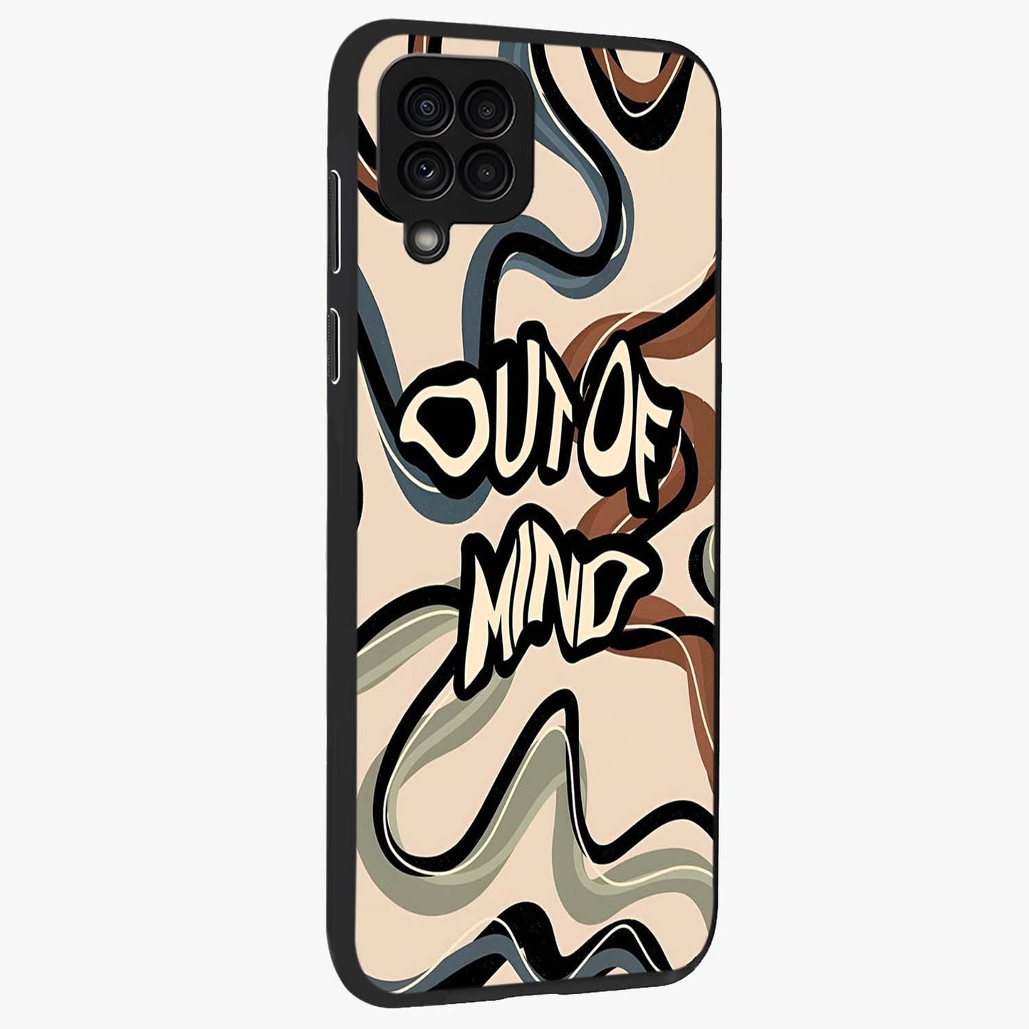 Out Of Mind Glass Case upright view showcasing striking typography artwork with edgy conceptual theme.