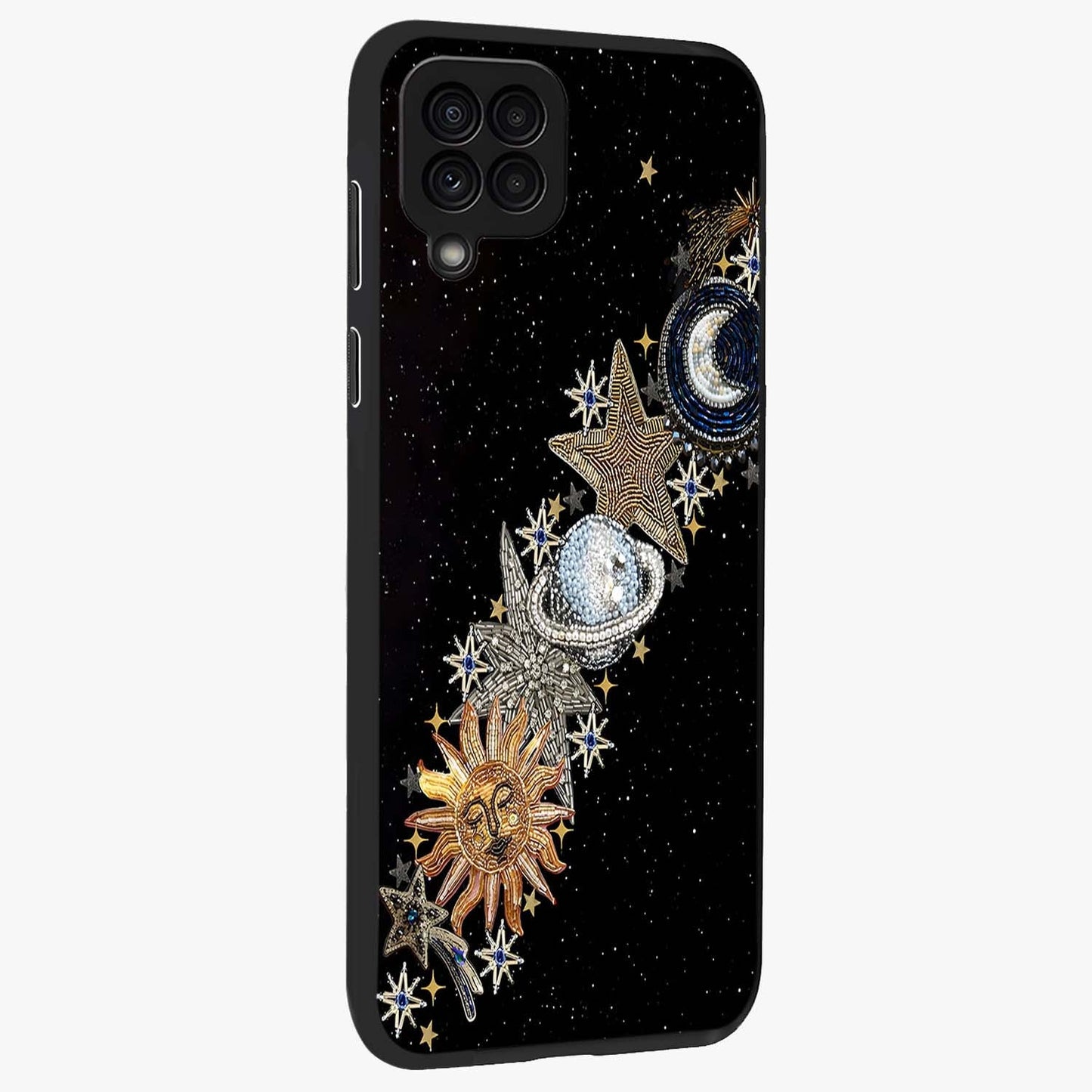 Pearls Universe Object Glass Case upright view showcasing decorative pearl themed artwork with cosmic elegance.