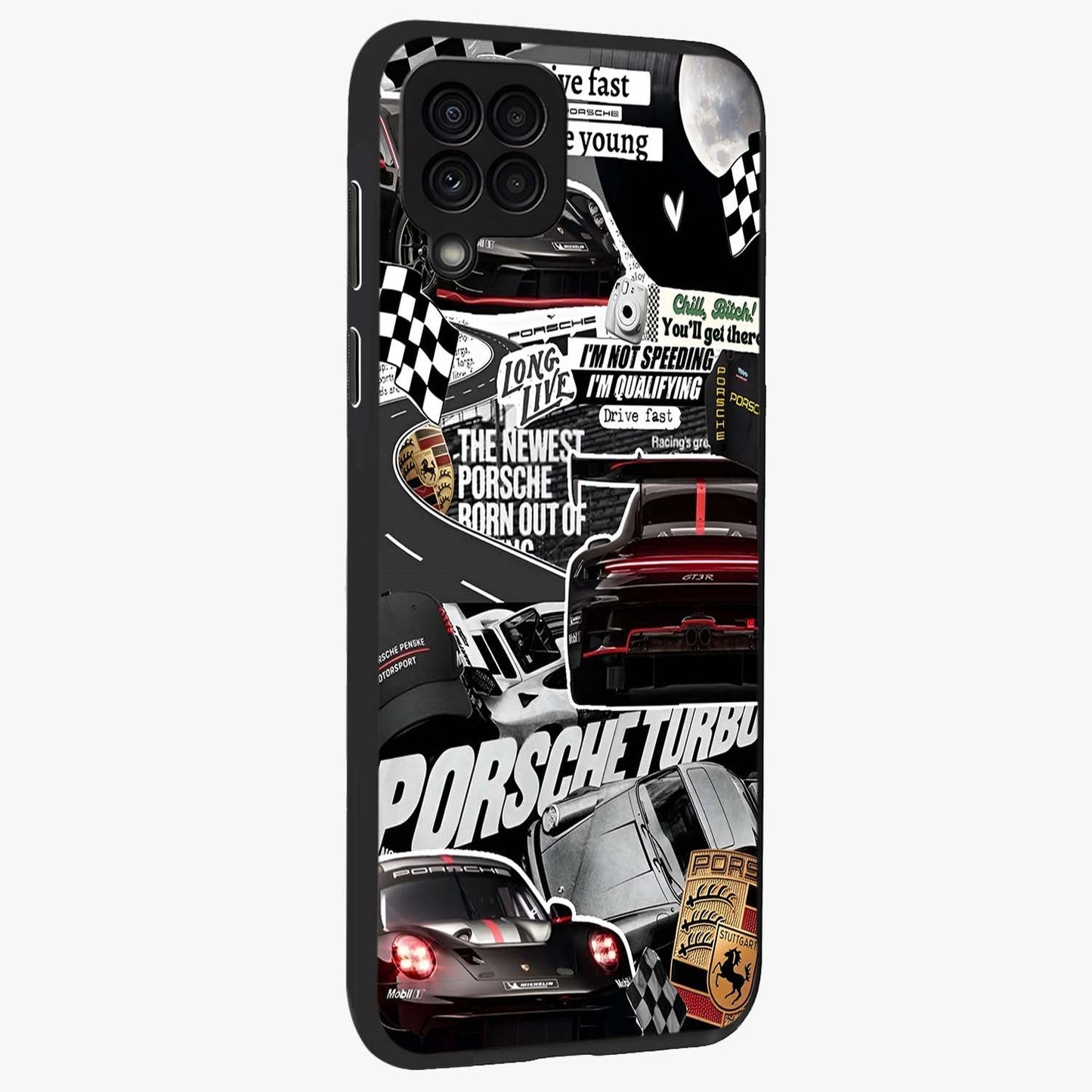 Porsche Racing Collage Glass Case upright view showcasing energetic car collage artwork with high speed racing theme.