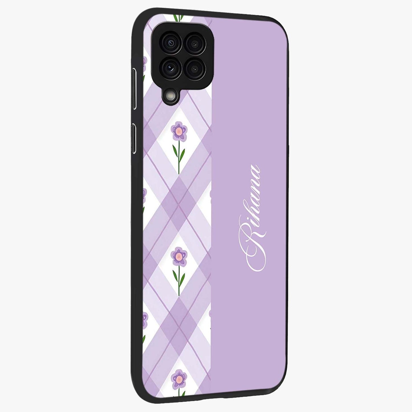 Purple Diamond Floral Glass Case upright view showcasing vibrant floral artwork with stylish geometric theme.