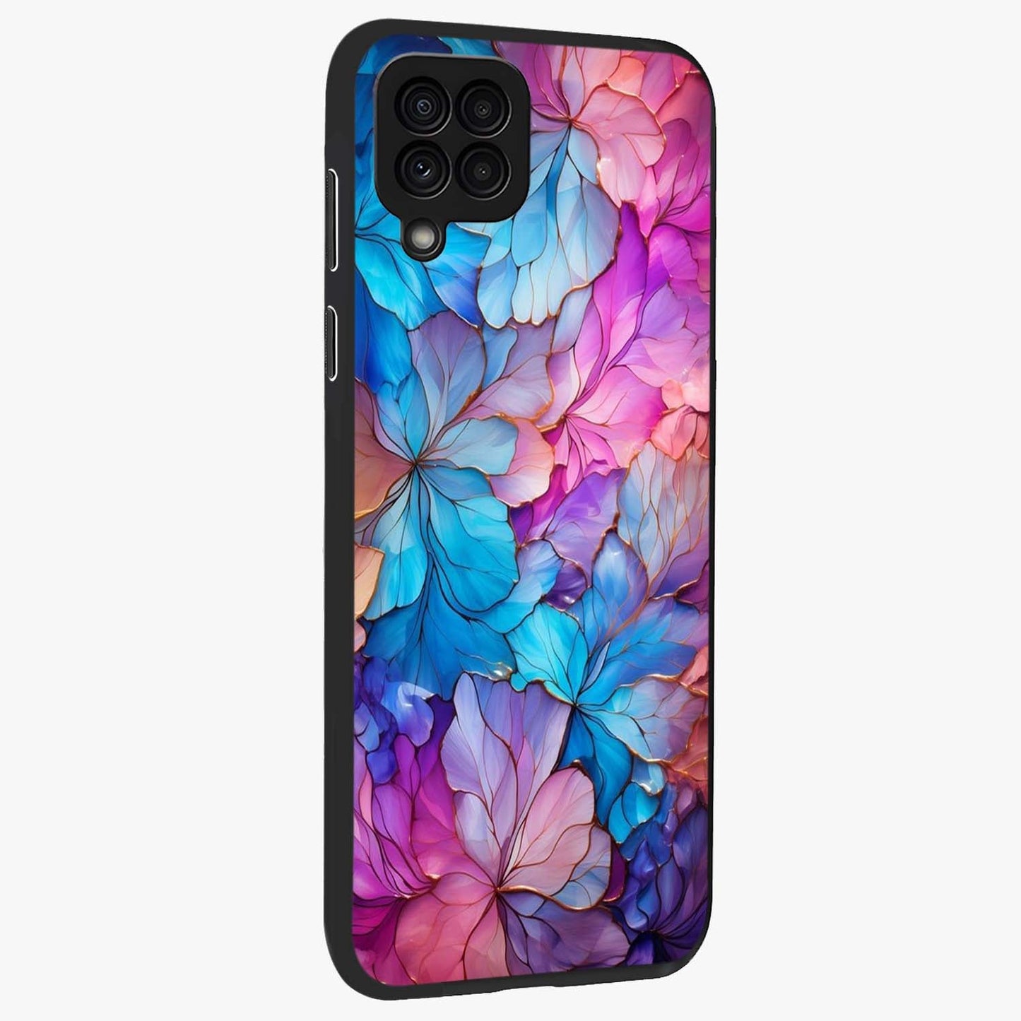 Radiant Floral Whirl Glass Case upright view showcasing lively floral artwork with decorative swirl theme.