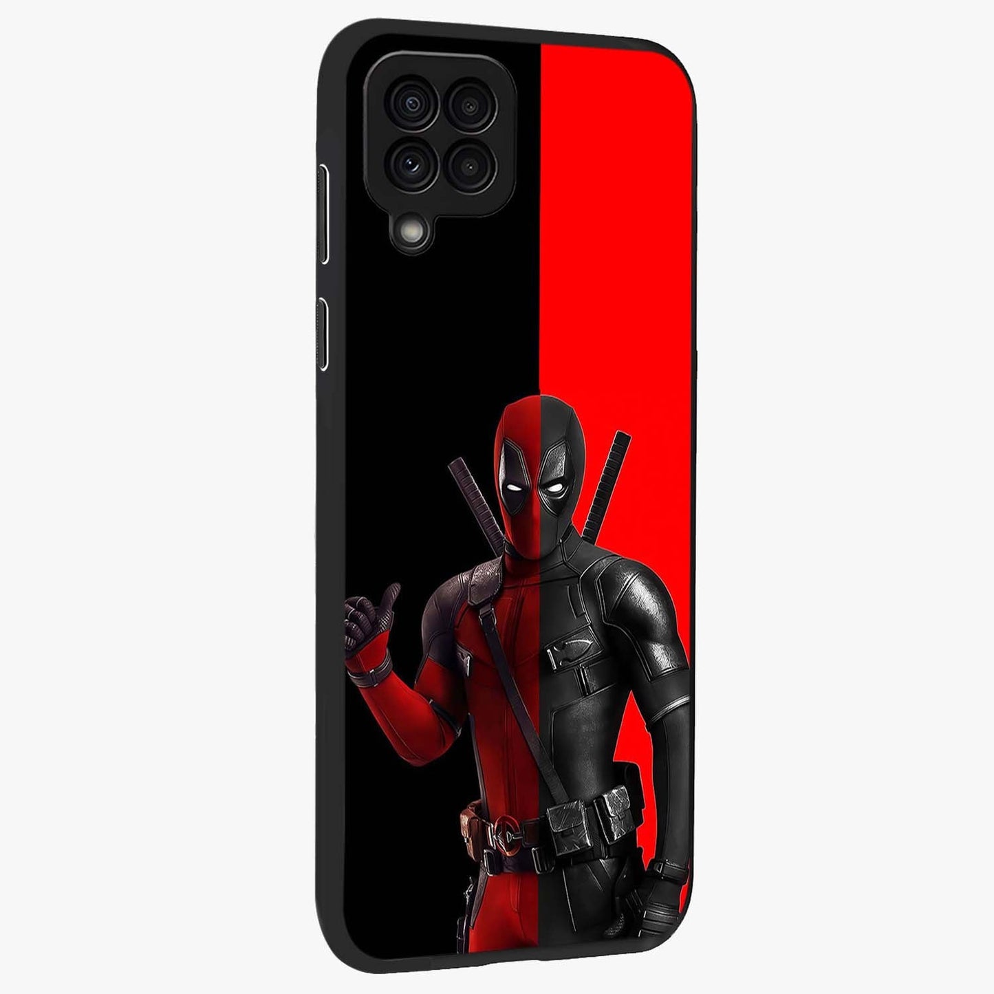Red & Black Deadpool Theme Glass Case upright view showcasing energetic comic themed artwork with striking red and black design.