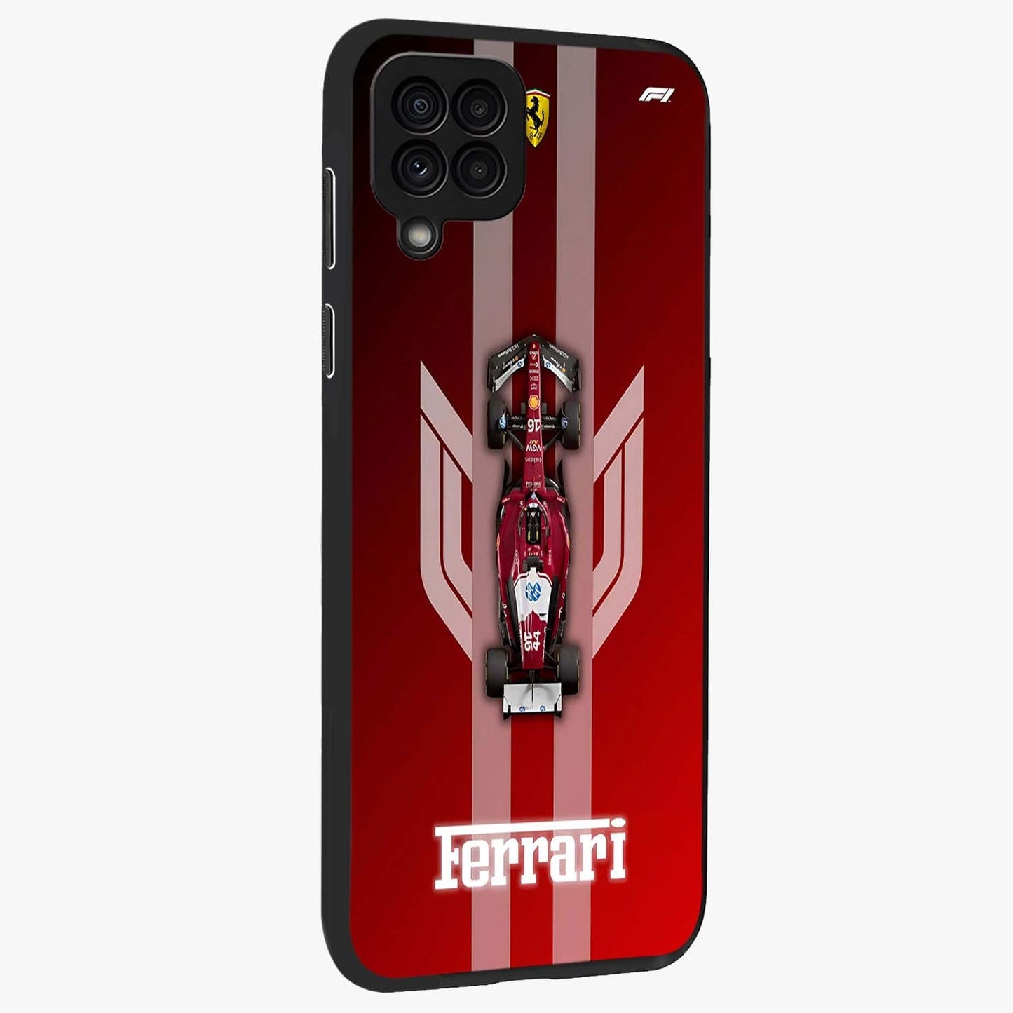 Red Ferrari F1 Vertical Glass Case upright view showcasing powerful Formula car artwork with dynamic motorsport theme.