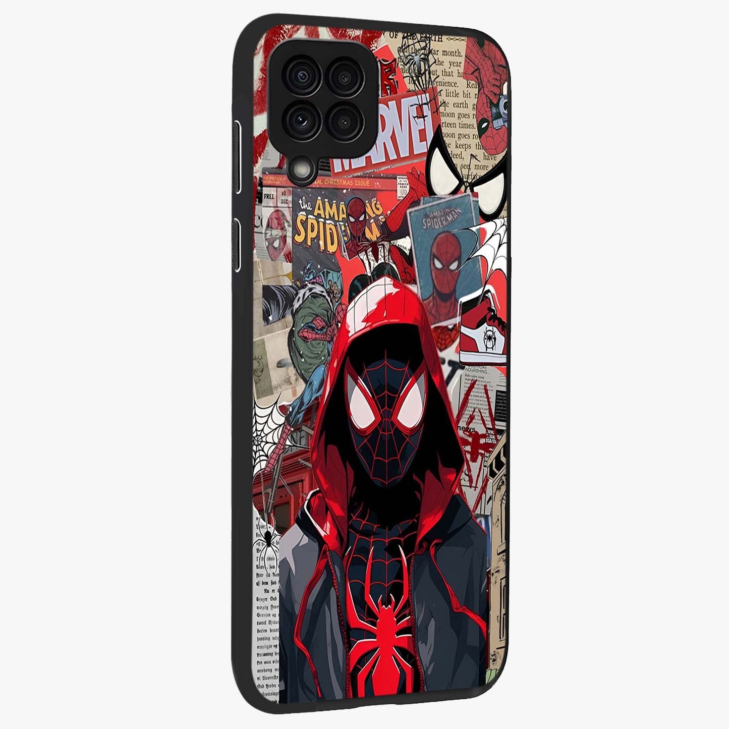 Spider Collage Street Glass Case upright view showcasing bold superhero artwork with urban street theme.