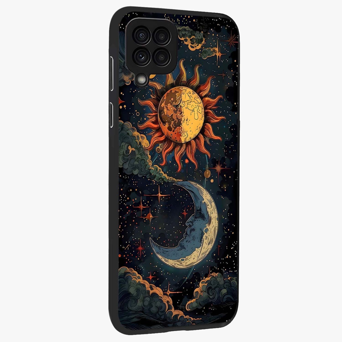 Sun And Moon Magic Design Glass Case upright view showcasing decorative sun and moon artwork with spiritual celestial theme.