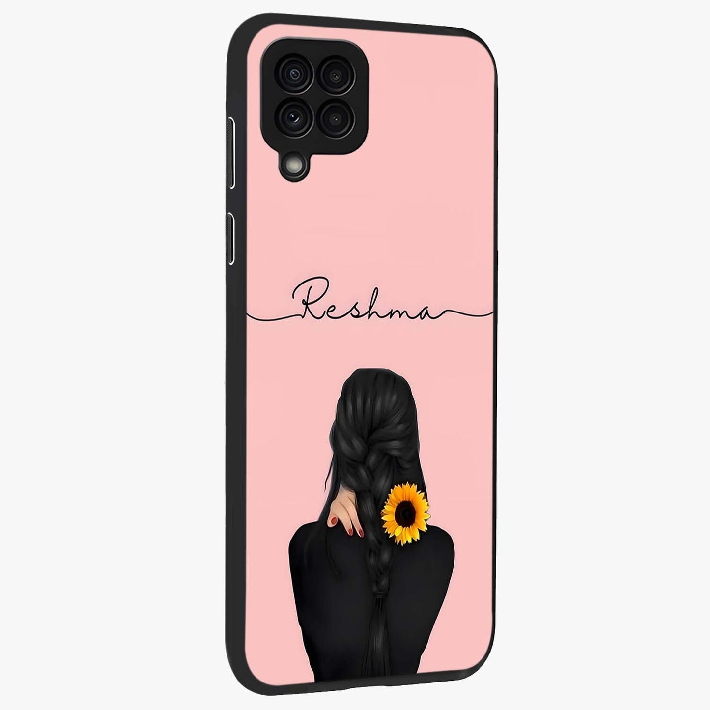 Sunflower Braid Beauty With Custom Name Glass Case upright view showcasing bright sunflower artwork with personalized floral aesthetic.