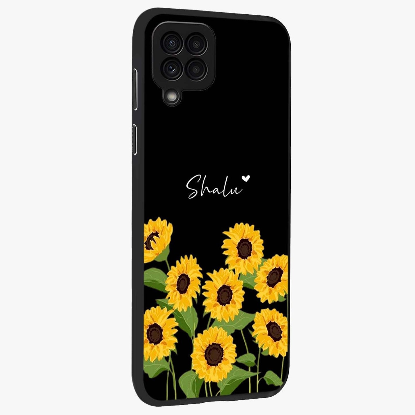 Sunflower Chic Mood Custom Name Glass Case upright view showcasing cheerful sunflower artwork with trendy floral theme.