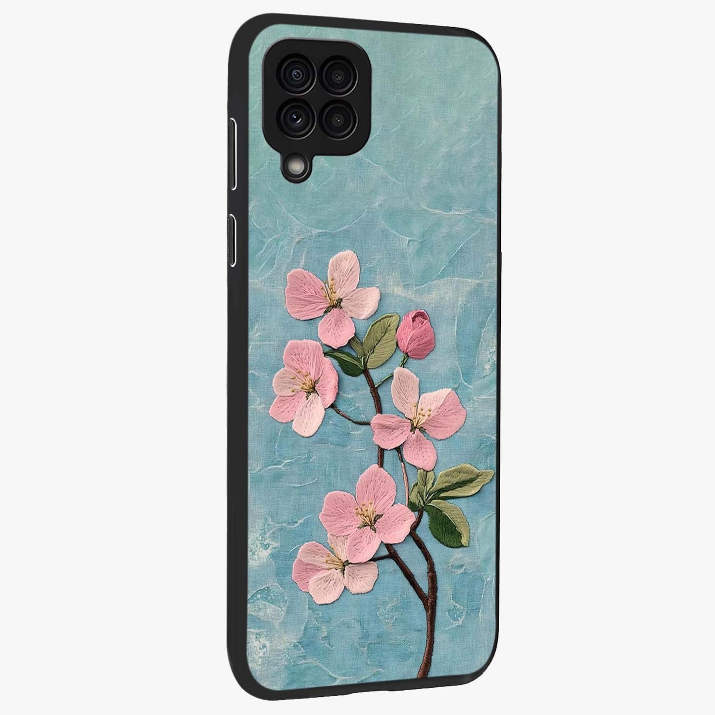 Threaded Blossom Breeze Glass Case upright view showcasing graceful flower artwork with calm botanical theme.