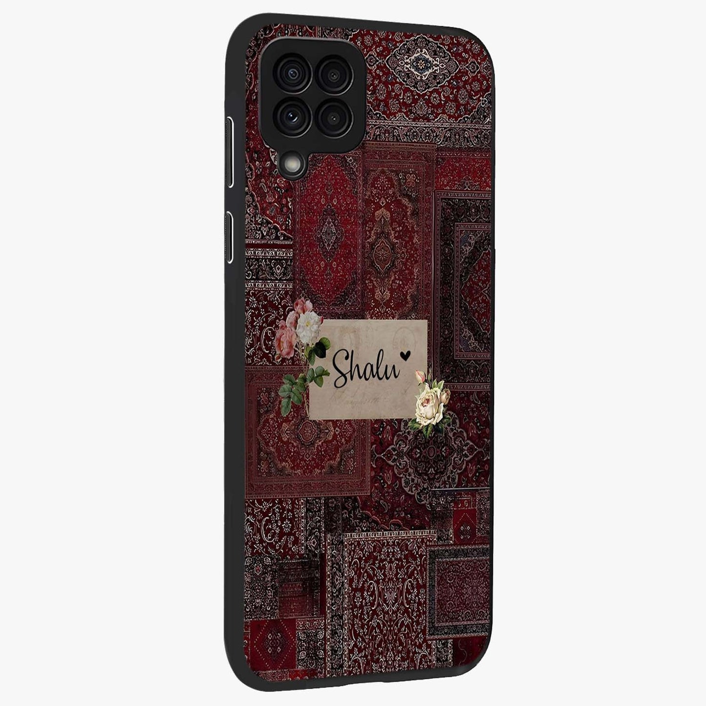 Velvet Wine Pattern Custom Name Glass Case upright view showcasing luxurious wine toned artwork with personalized aesthetic.