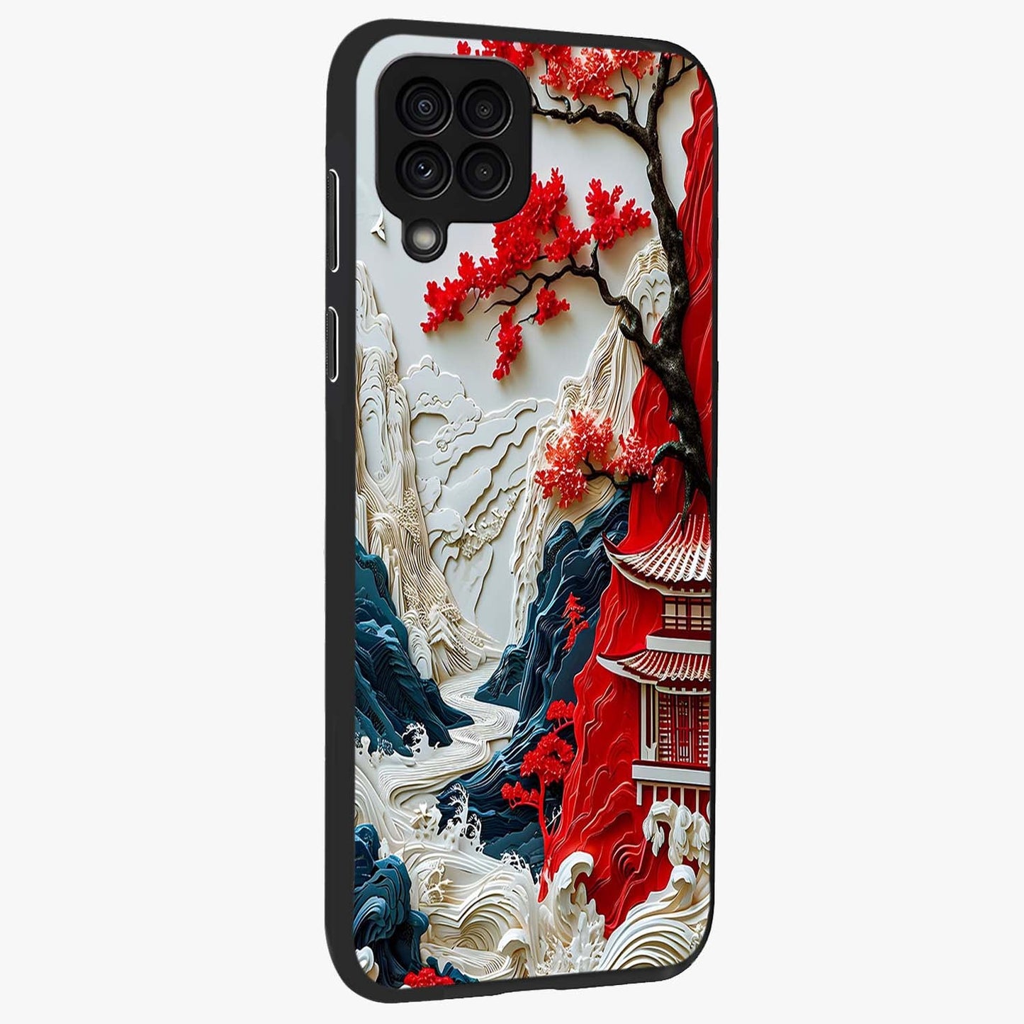 Whispers Of Sakura Waves Glass Case upright view showcasing delicate cherry blossom artwork with elegant nature theme.