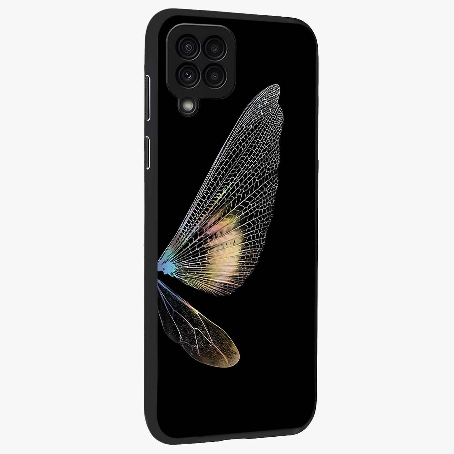 Whispers Of Wings Glass Case upright view showcasing elegant wing artwork with light airy theme.