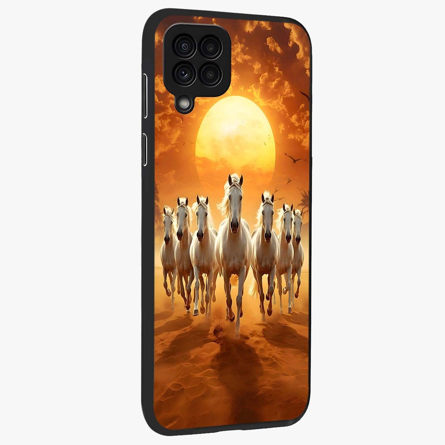 Wild Sunset Majesty Glass Case upright view showcasing dramatic sunset artwork with bold nature theme.