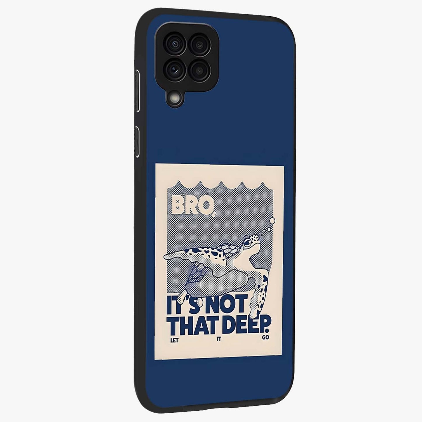 Worry Less Swim Glass Case upright view showcasing cheerful artistic artwork with carefree inspirational theme.