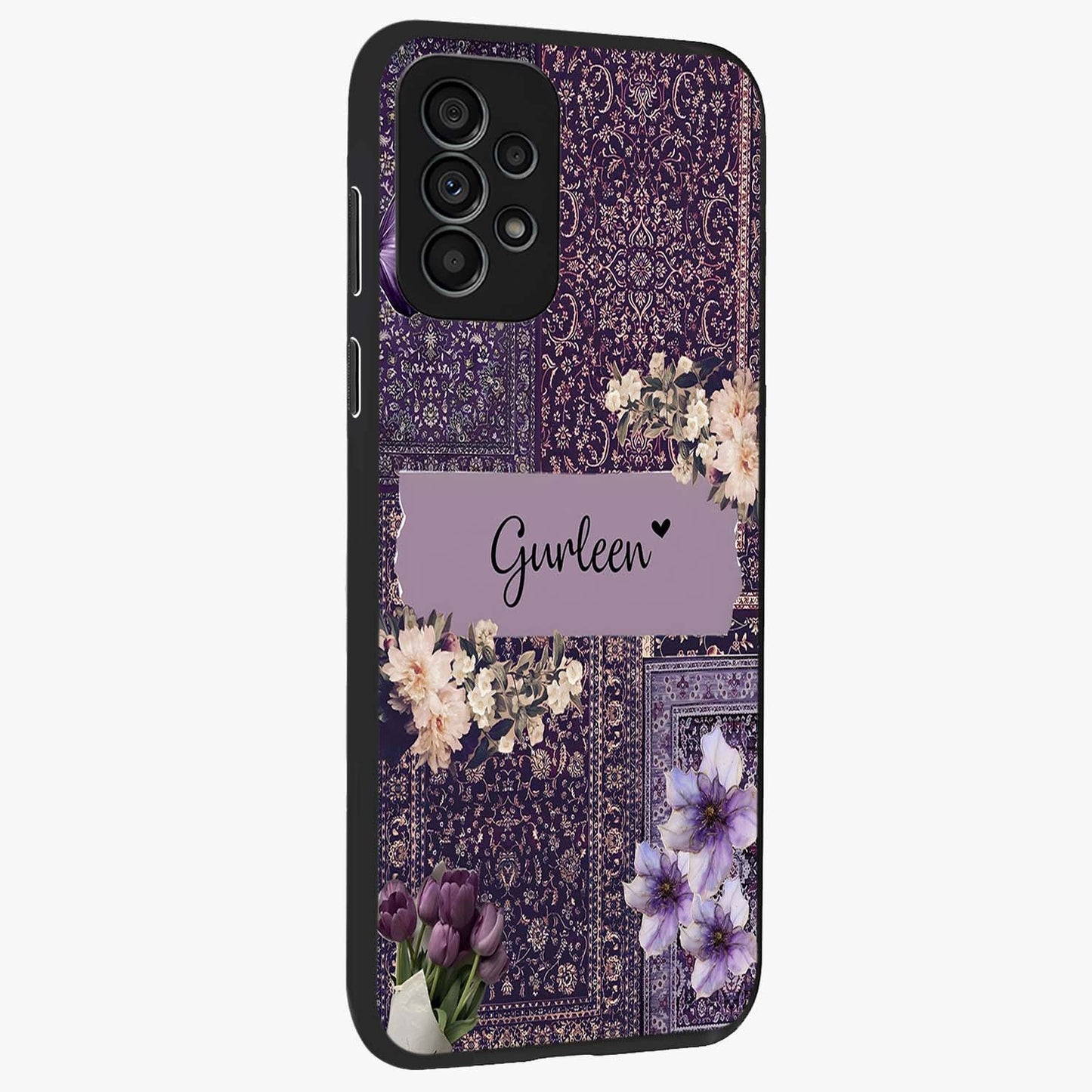 Antique Floral Whisper Custom Name Glass Case upright view showcasing delicate floral artwork with custom name feature.