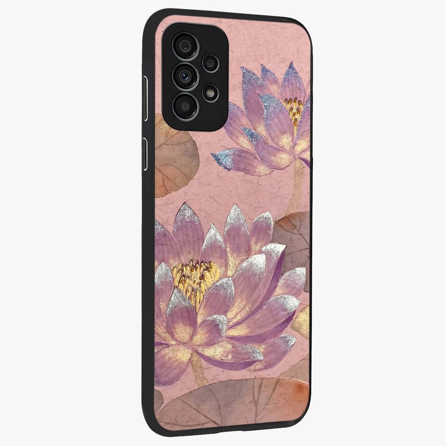 Blossom Mist Lotus Glass Case upright view showcasing graceful lotus flower design with peaceful botanical style.