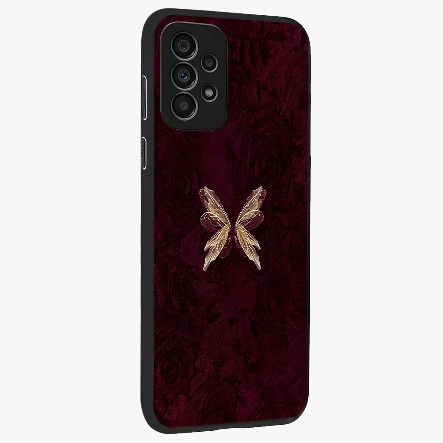 Crimson Fade Butterfly Glass Case upright view showcasing graceful butterfly artwork with soft crimson fade effect.