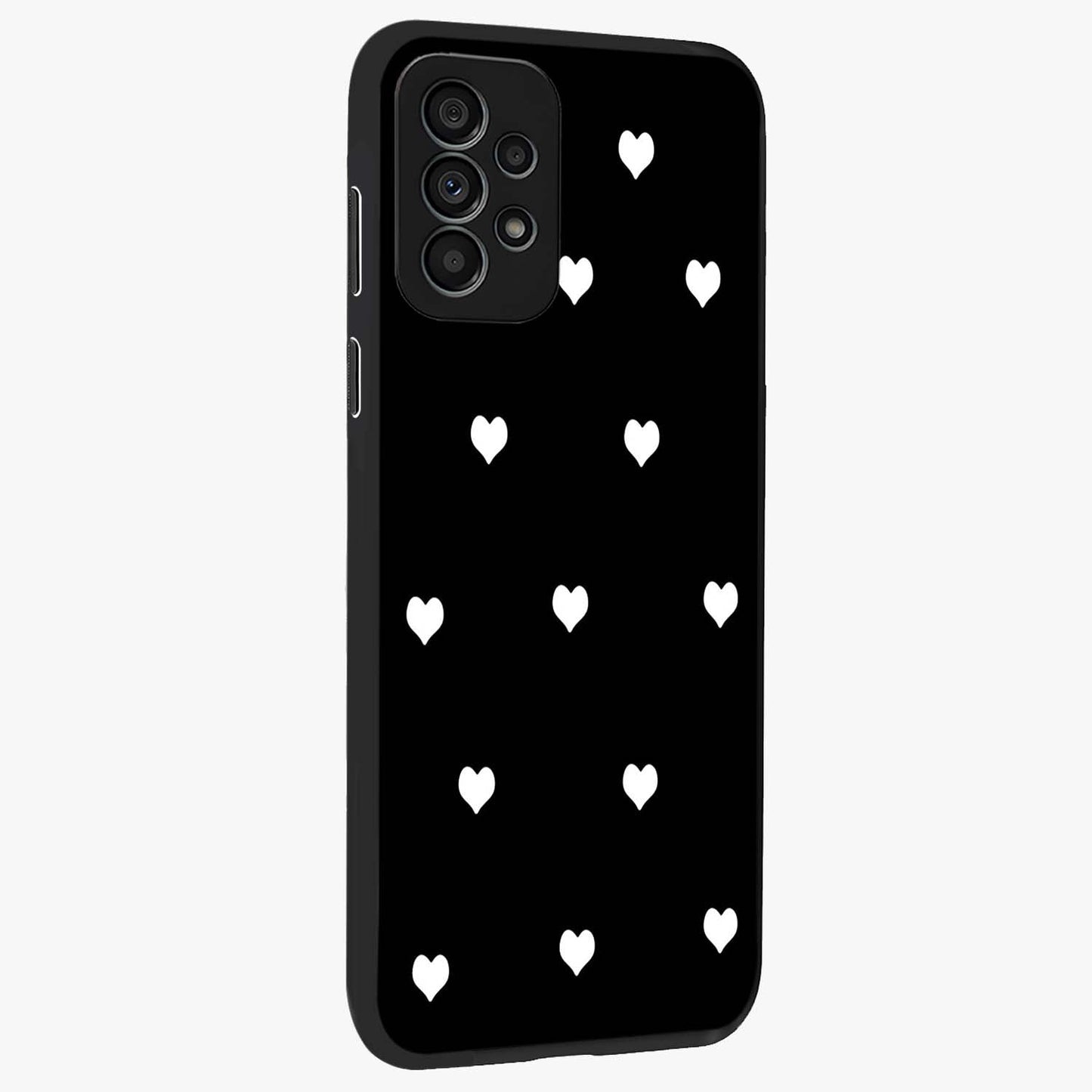 Cute And Simple White Hearts Glass Case upright view showcasing simple white hearts artwork with soft minimal theme.