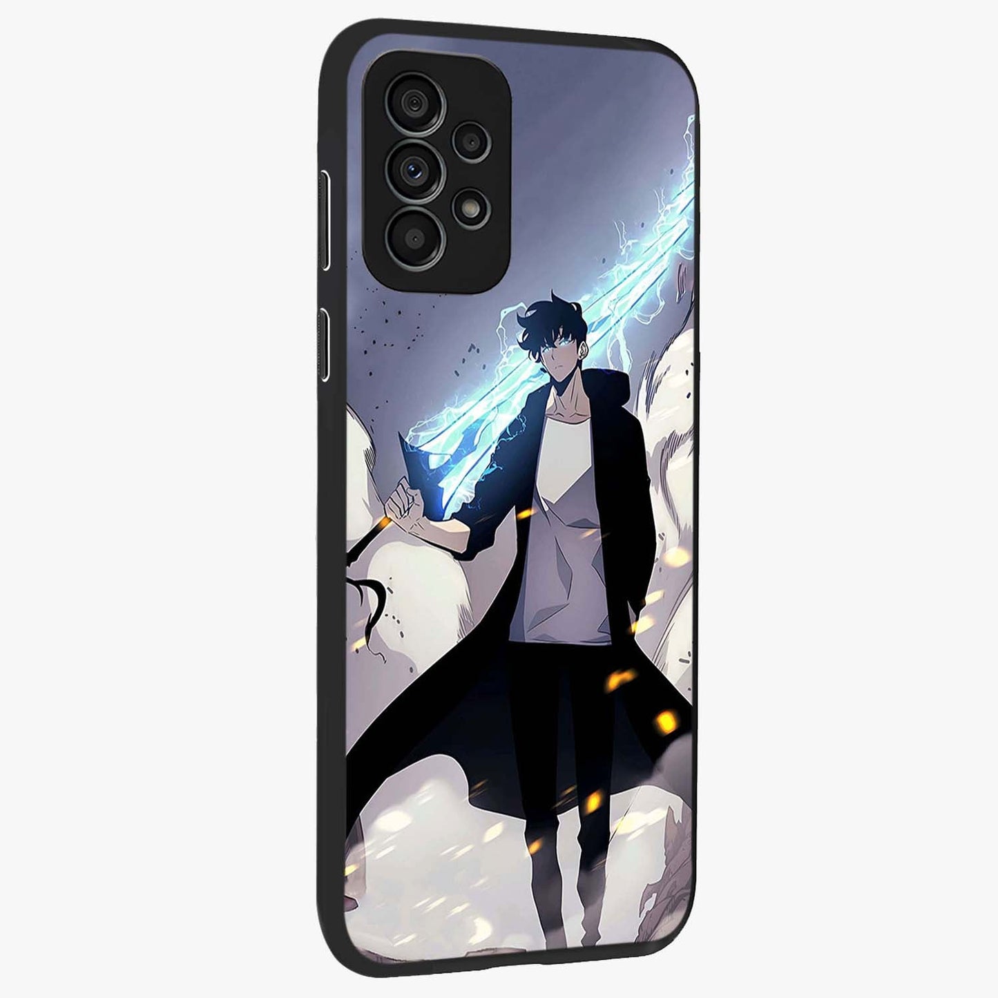 Dark Lightning Anime Warrior Glass Case upright view showcasing dramatic warrior artwork with dark lightning aesthetic.