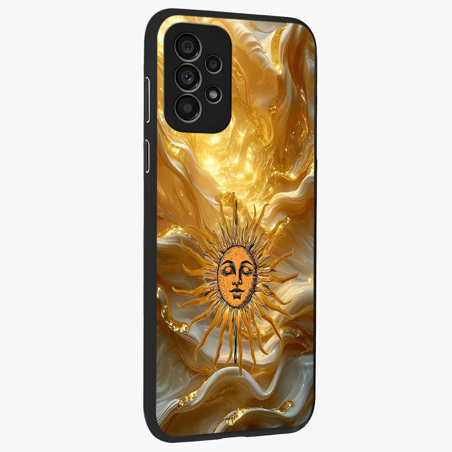 Eternal Golden Glow Glass Case upright view showcasing luminous golden artwork with luxurious visual theme.