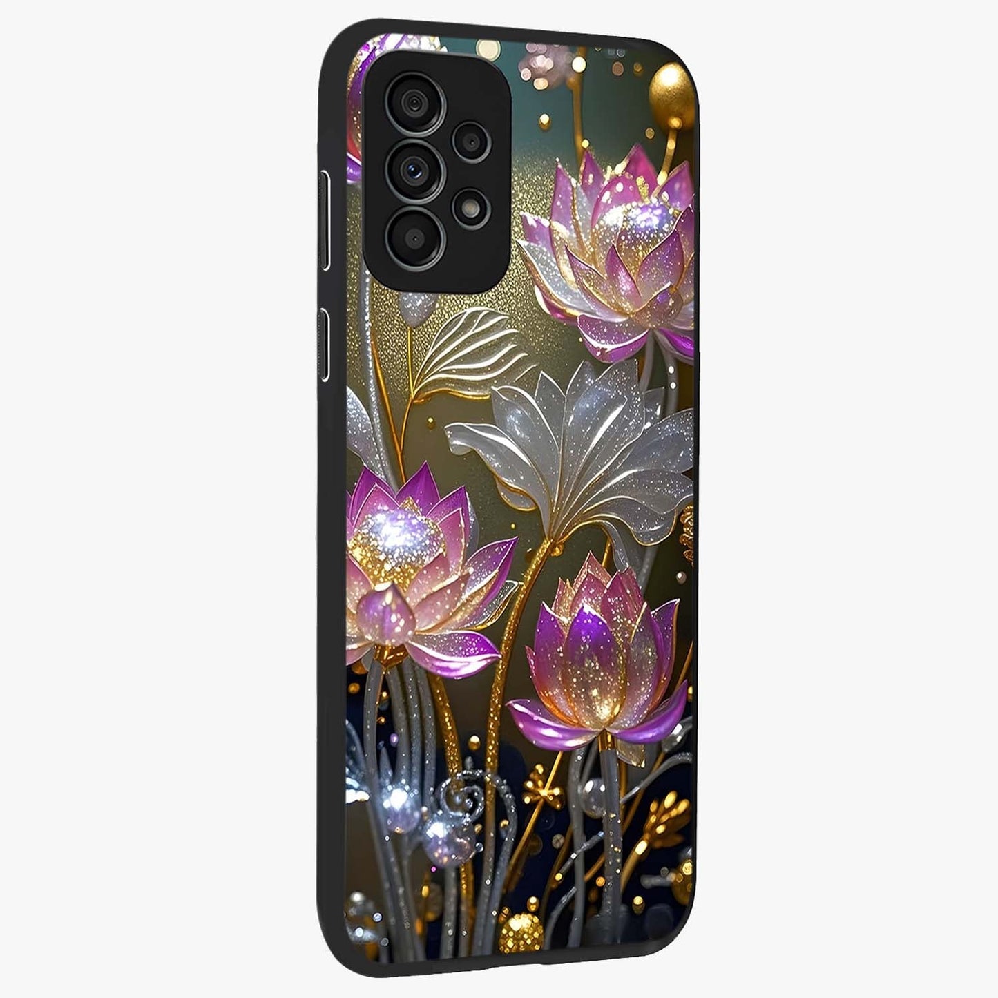Golden Floral Majesty Glass Case upright view showcasing majestic floral artwork with rich decorative theme.