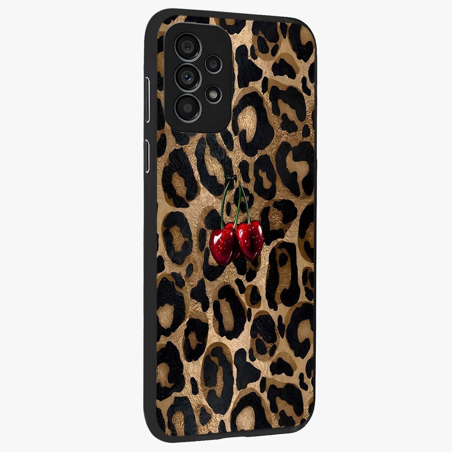 Leopard Wild Cherry Glass Case upright view showcasing stylish leopard pattern artwork with trendy fashion theme.