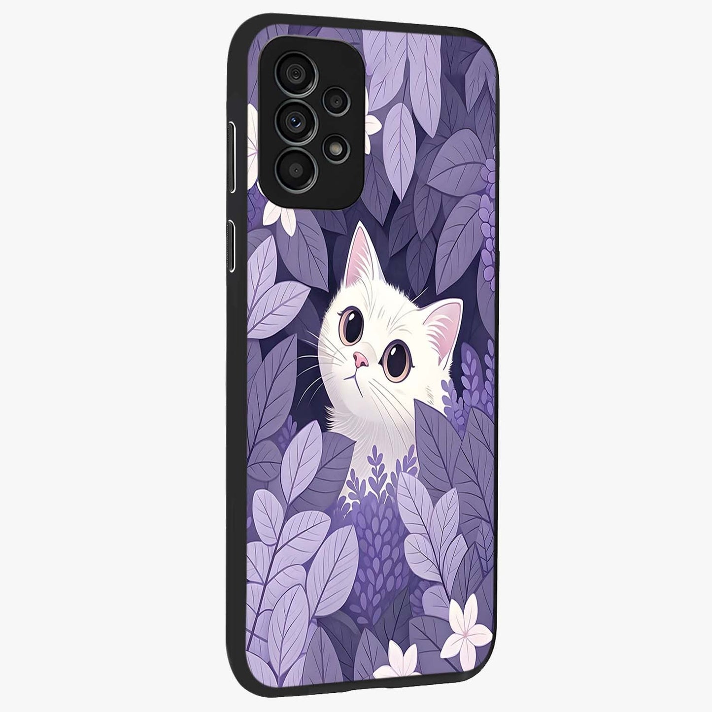 Lilac Hide Peek Cat Glass Case upright view showcasing charming cat artwork with adorable peek theme.